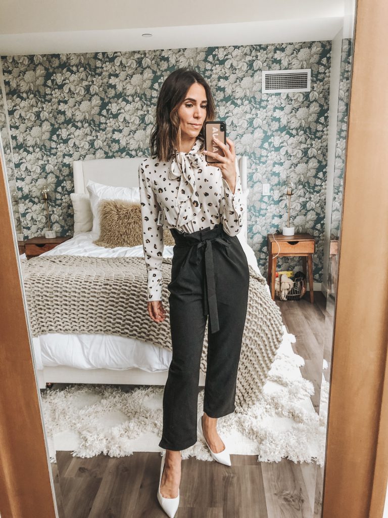 Seattle Fashion Blogger Sportsanista wearing animal print blouse and paper bag pants for a summer workwear look