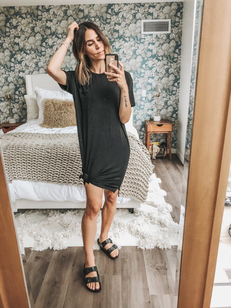 Seattle Fashion Blogger Sportsanista wearing t-shirt dress from Amazon and rubber Birkenstocks