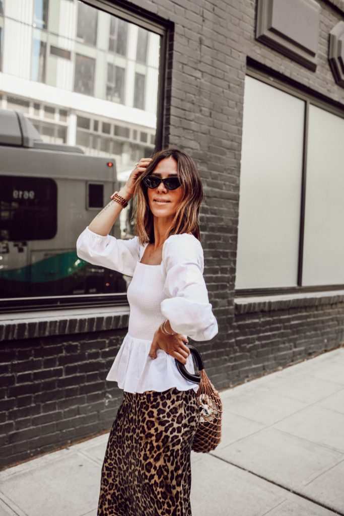 Seattle Fashion Blogger Sportsanista wearing Smocked Top and Leopard Skirt