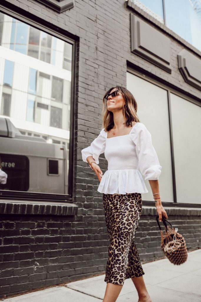 Seattle Fashion Blogger Sportsanista wearing Thomas Mason® for J.Crew long-sleeve smocked top and Leopard Satin skirt