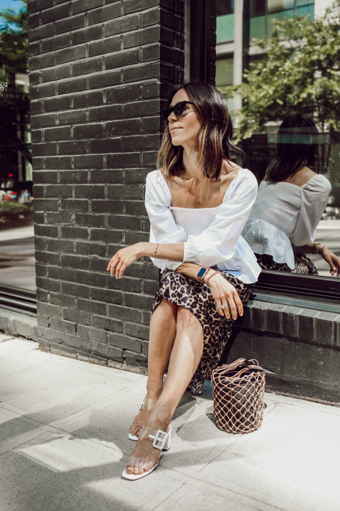 Seattle Fashion Blogger wearing Leopard Skirt and Clear Block Heel Sandals
