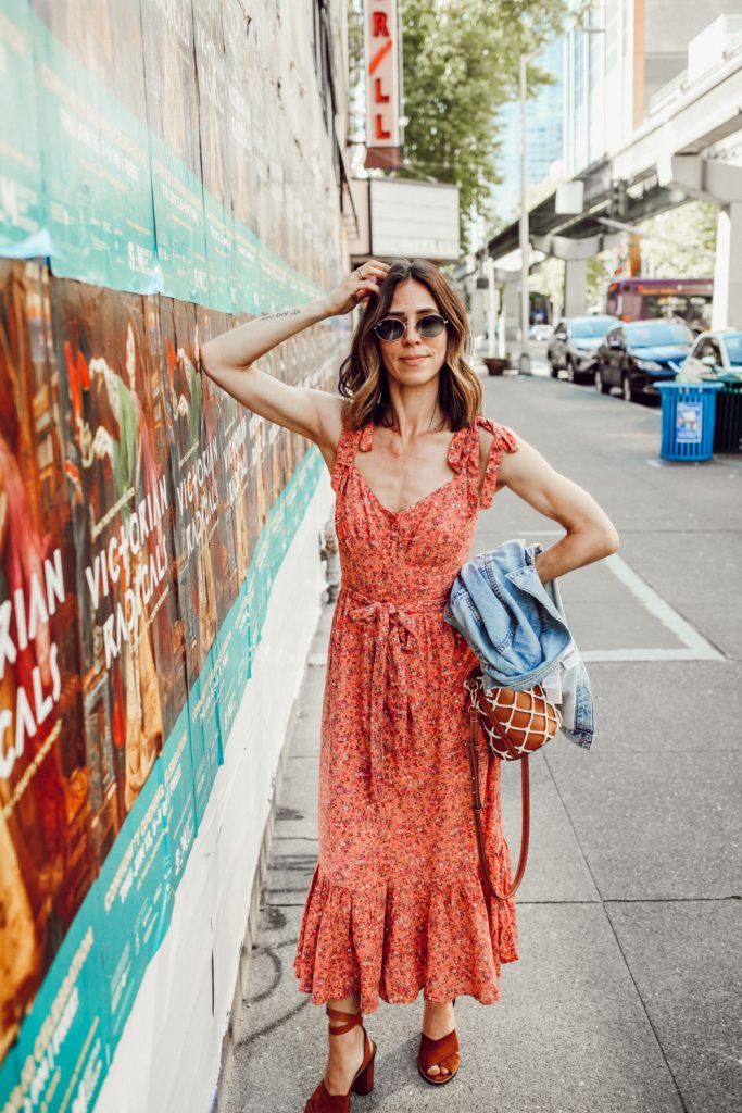 Seattle Fashion Blogger Sportsanista wearing Button-front midi dress with ruffle hem in soft rayon for summer