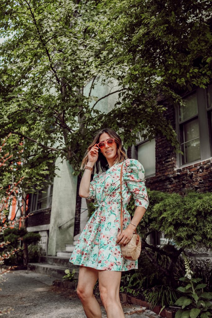 Seattle Fashion Blogger Sportsanista wearing Ronny Kobo Floral Dress and QUAY AUSTRALIA Tinted Pink Sunglasses
