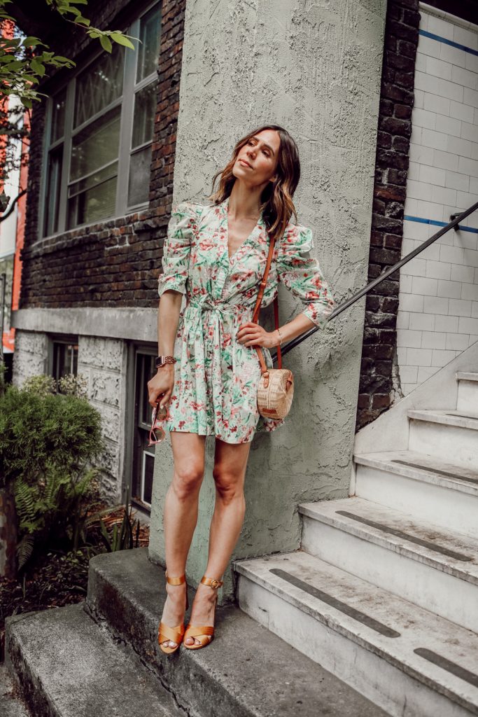 Seattle Fashion Blogger Sportsanista wearing Ronny Kobo floral dress and Rattan bag for summer inspired look