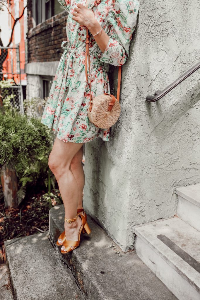 Seattle Fashion Blogger Sportsanista wearing Rattan Bag and yellow sandals for summer accessories