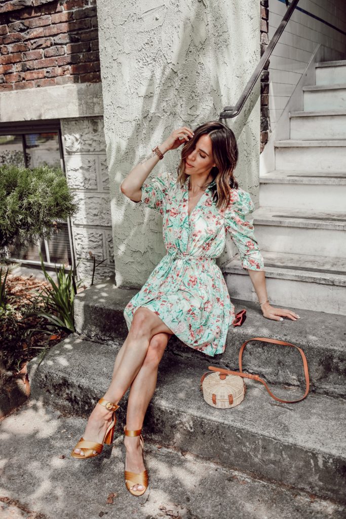 Seattle Fashion Blogger wearing Ronny Kobo Floral Dress and Yellow Satin Sandals
