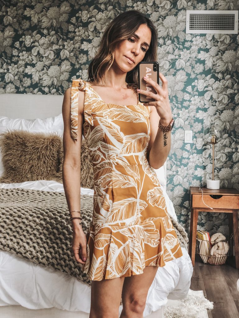 Seattle Fashion Blogger Sportsanista wearing marigold palm leaf print dress for summer