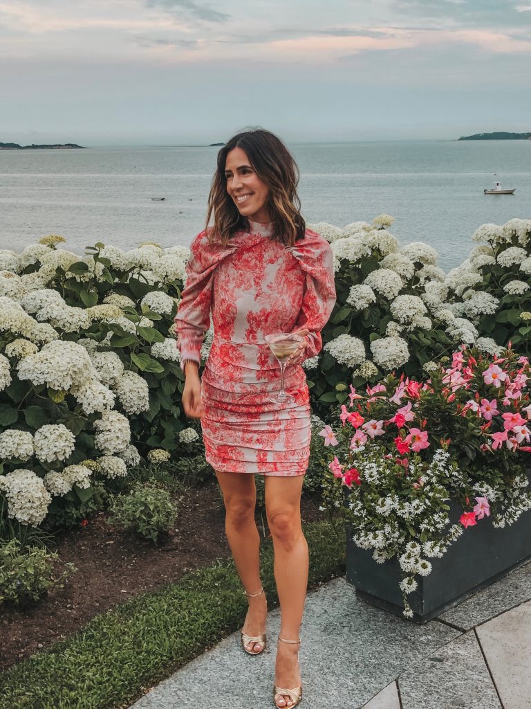 Seattle Fashion Blogger wearing Red and White Printed Dress at Twenty Eight Atlantic