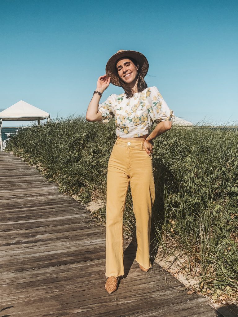 Seattle Fashion Blogger Sportsanista wearing H&M Linen Lemon Top and Zara Yellow High Wasisted Denim in Cape Cod