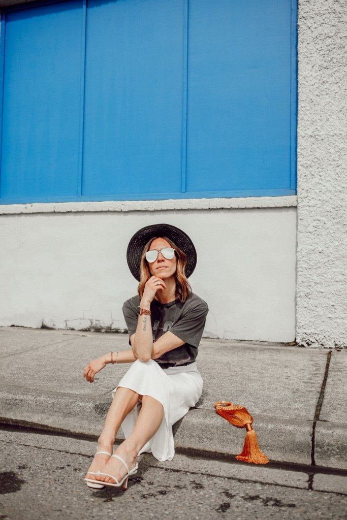 Seattle Fashion Blogger Sportsanista wearing Anine Bing tee and Satin Skirt 