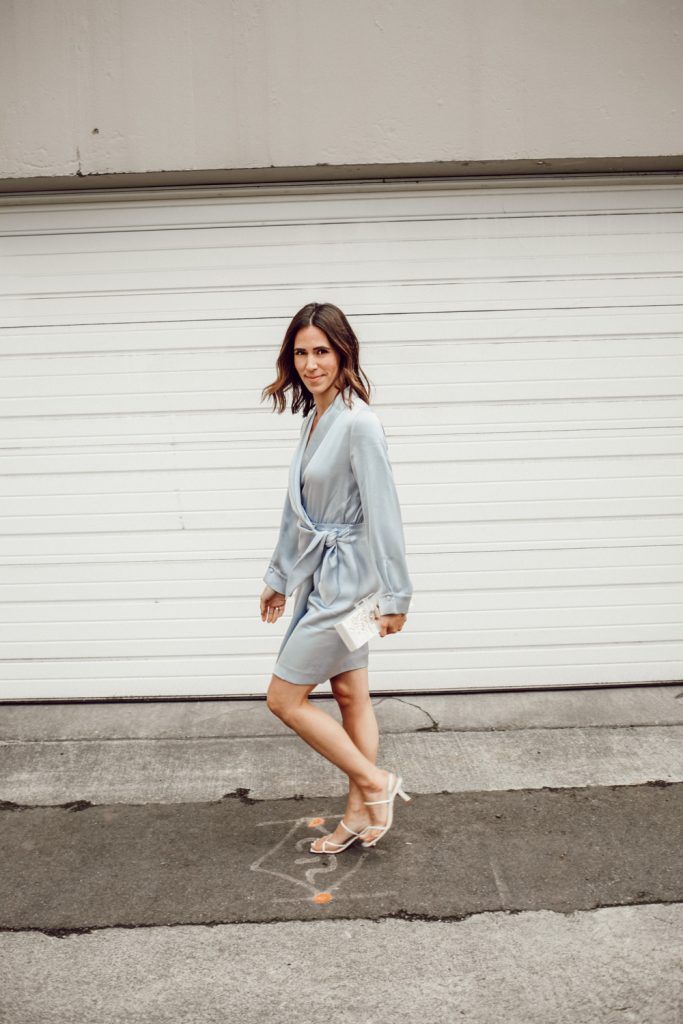 Seattle Fashion Blogger Sportsanista wearing Ice Blue Satin Dress for Date night look 
