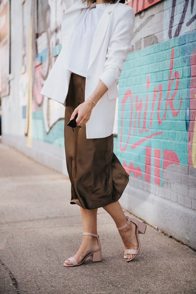 Fashion Blogger Sportsanista wearing slip skirt and nude sandals from Amazon 