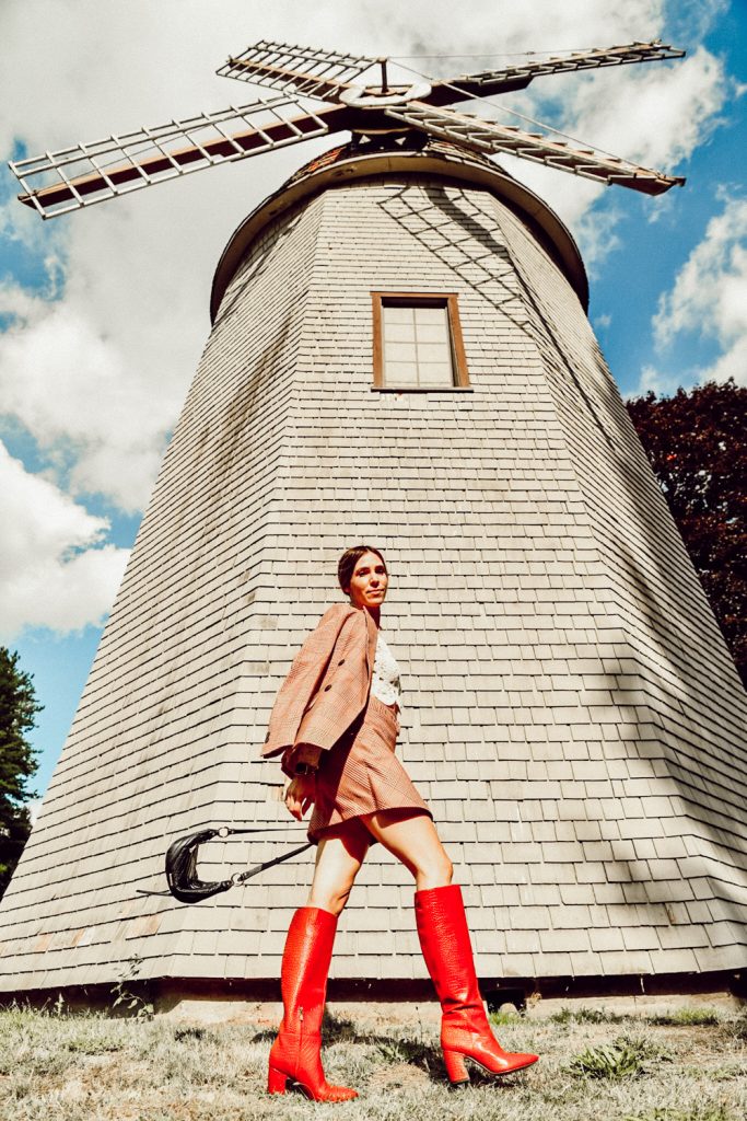 Seattle Fashion Blogger Sportsanista wearing Red Check Blazer, Red Check Skirt and Sam Edelman Hiltin Knee High Red Croc boot for fall
