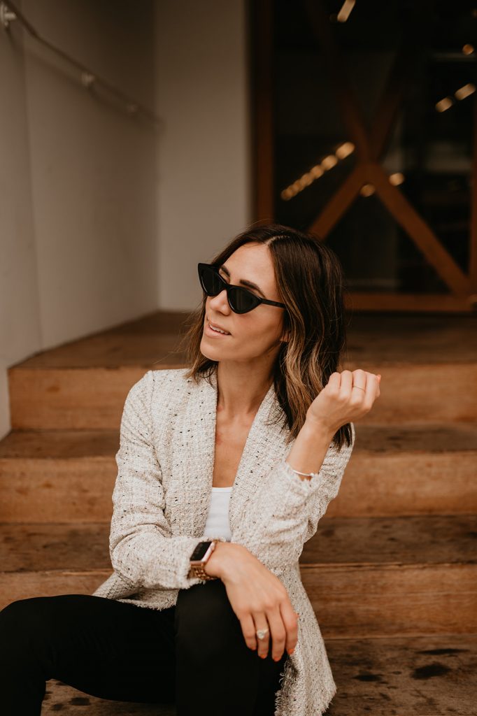 Seattle Fashion Blogger Sportsanista wearing Ann Taylor Tweed Blazer and Ann Taylor THE AUDREY PANT IN BI-STRETCH for workwear look