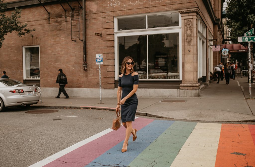 Seattle Fashion Blogger wearing Amazon Cold Shoulder Dress for workwear inspired look