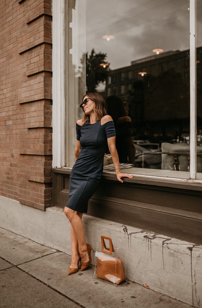 Seattle Fashion Blogger Sportsanista wearing Lark and Co Cold Shoulder Dress for workwear outfit inspiration