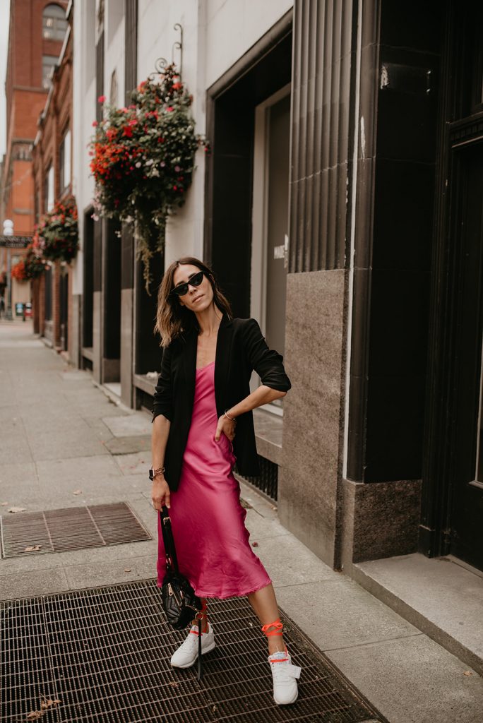 Seattle Blogger Sportsanista wearing Black Oversized Blazer and Nation LTD Slip Dress with Sneakers for Fall Look