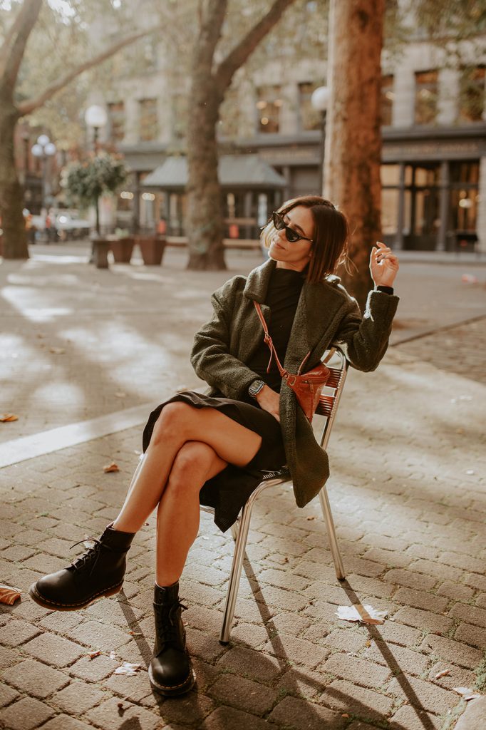 Seattle Blogger Sportsanista wearing The Drop Teddy Coat, The Drop Body Con Dress and Dr. Marten Boots