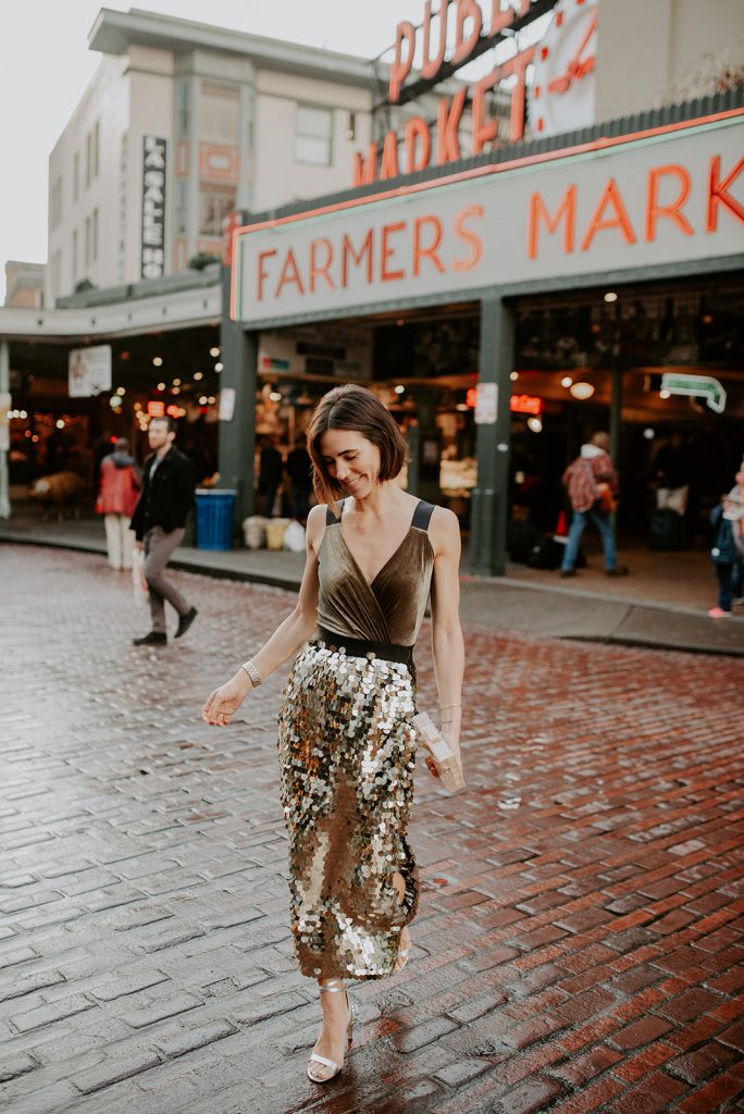 Blogger Mary Krosnjar wearing French Connection Sequin Skirt and Baily 44 Velvet Top 