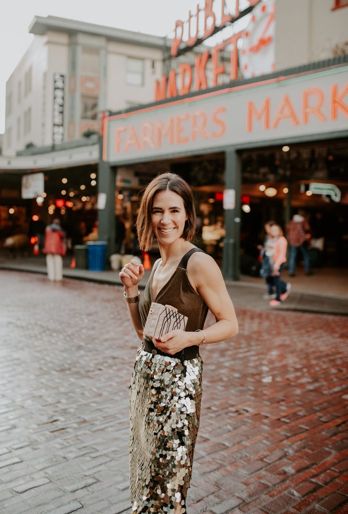Blogger Mary Krosnjar wearing Bailey 44 Velvet Top and French Connection Sequin Skirt 
