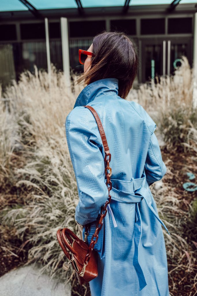 Seattle Blogger Sportsanista wearing faux leather trench and mini bag